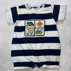 Little Lambs Baby Romper 3-6M Blue White Striped Construction Truck Vintage 90's